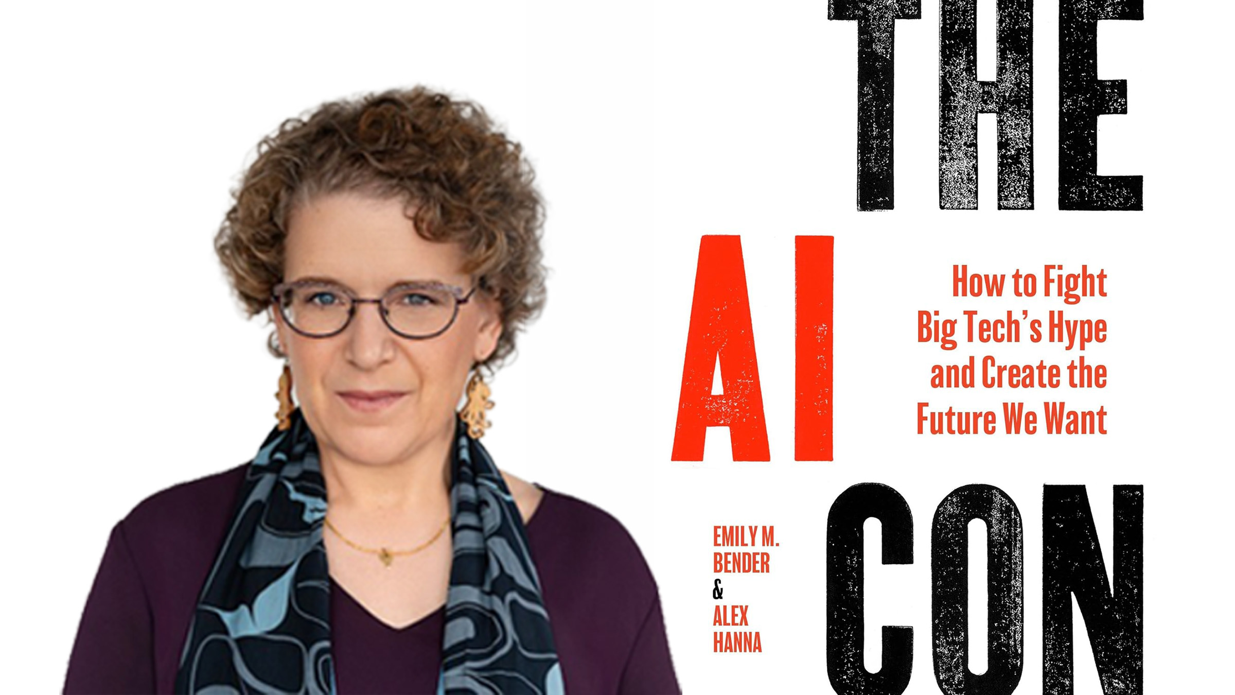 Portrait of Emily Bender, with book cover "The AI Con".