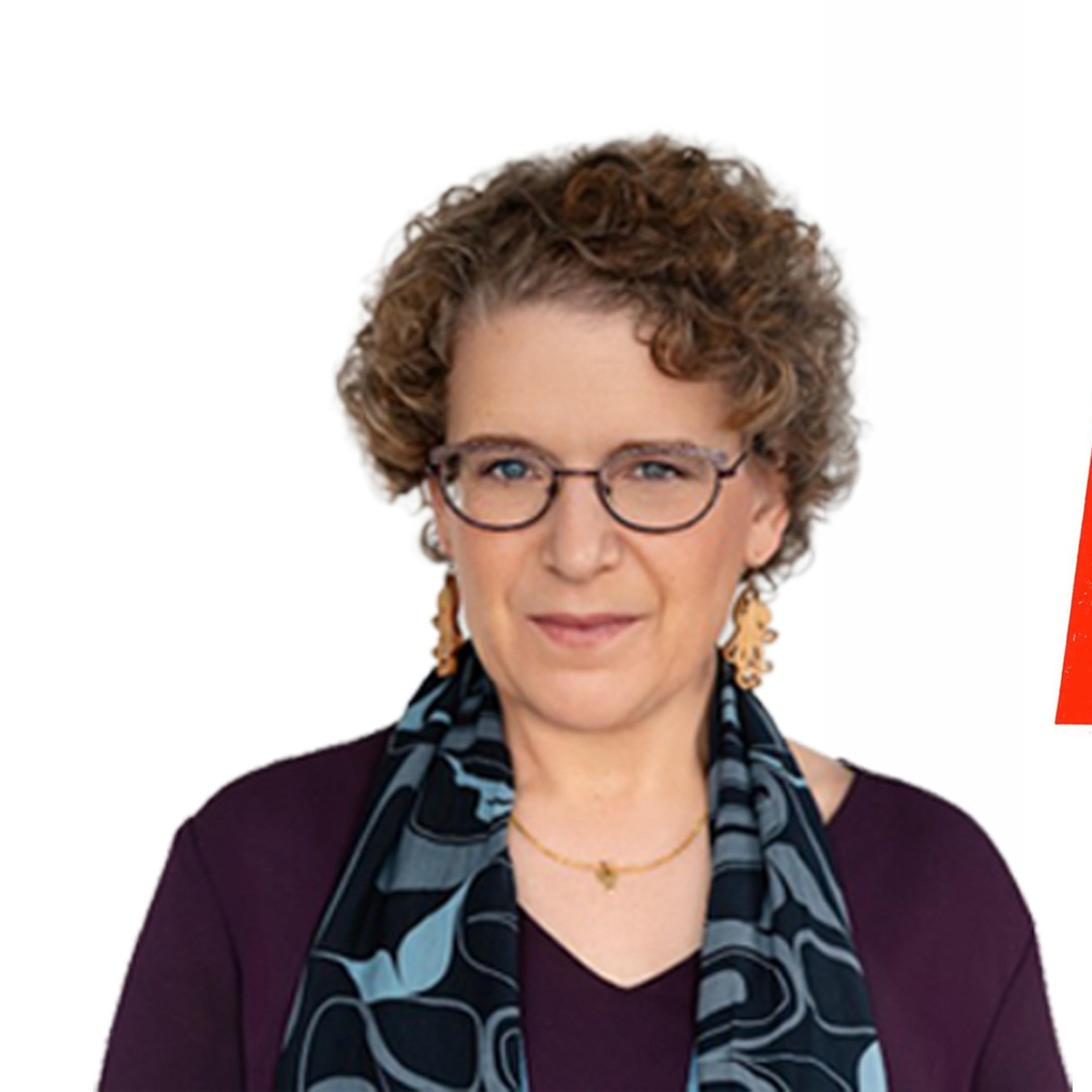 Portrait of Emily Bender, with book cover "The AI Con".