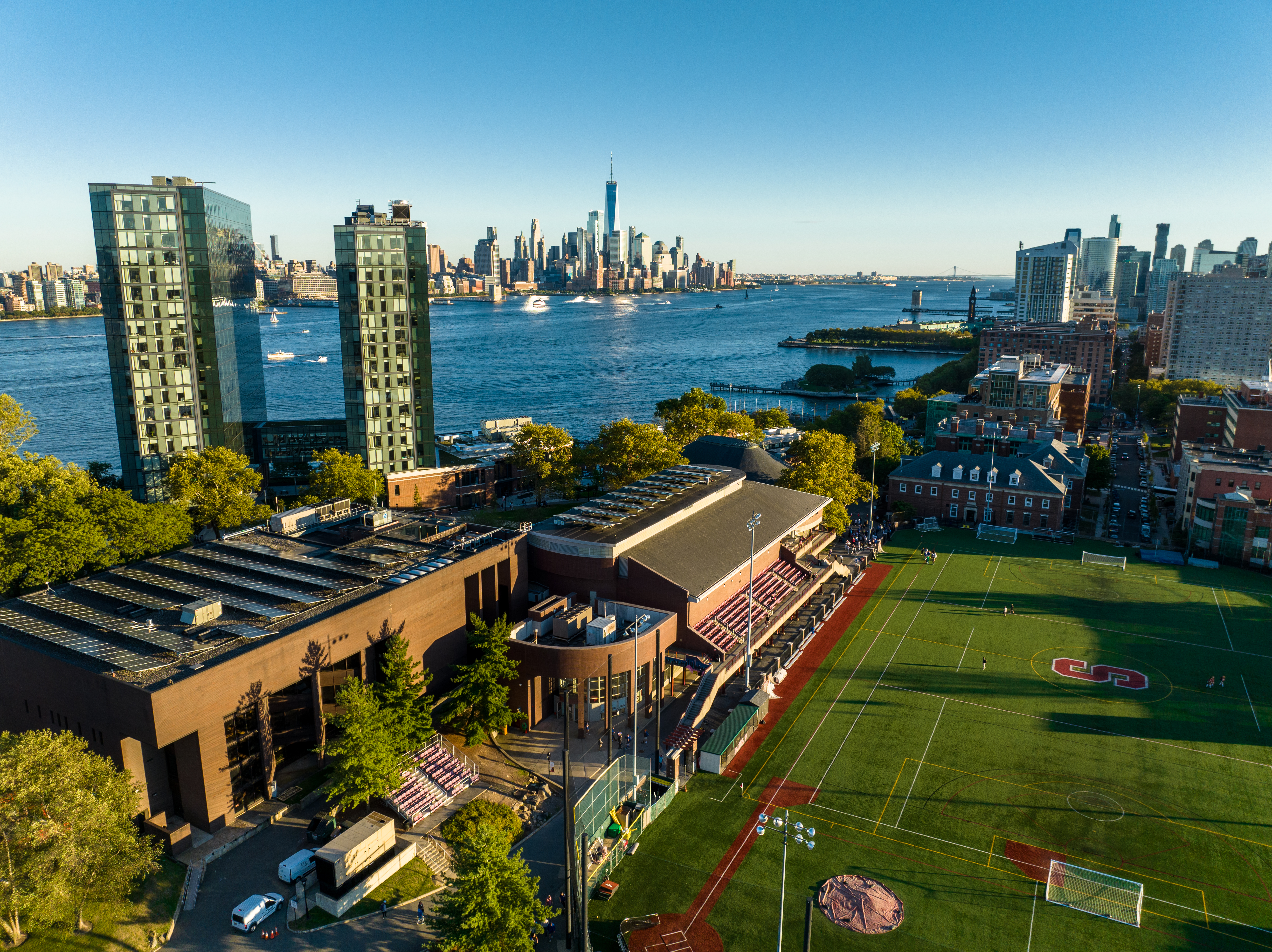aerial shot of Stevens campus with skyline