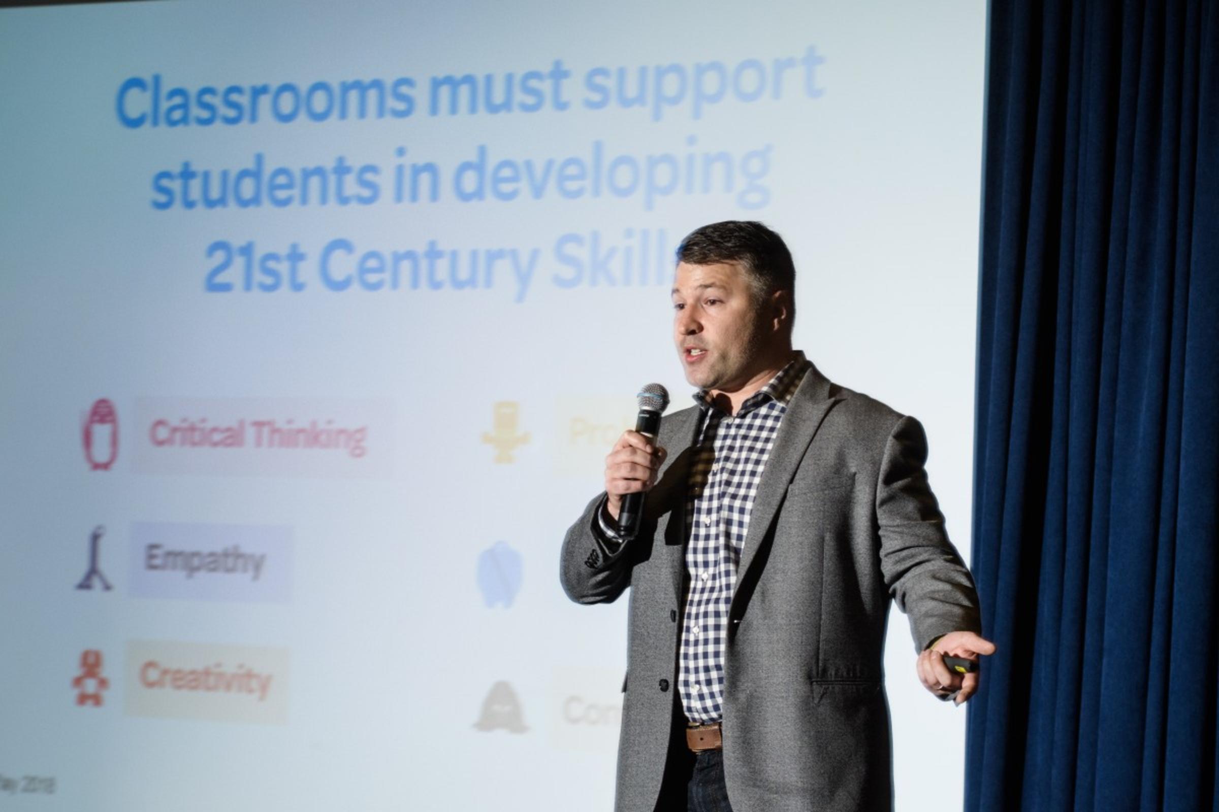 C. Ross Flat speaking at the Reimagining Math Education conference. CREDIT: Jeff Vock