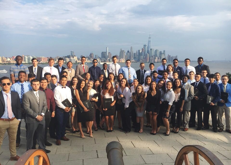 Members of the Class of 2021 who participated in the 2017 STEP Bridge Summer Program gather for a picture at Castle Point Lookout with lower Manhattan as a backdrop