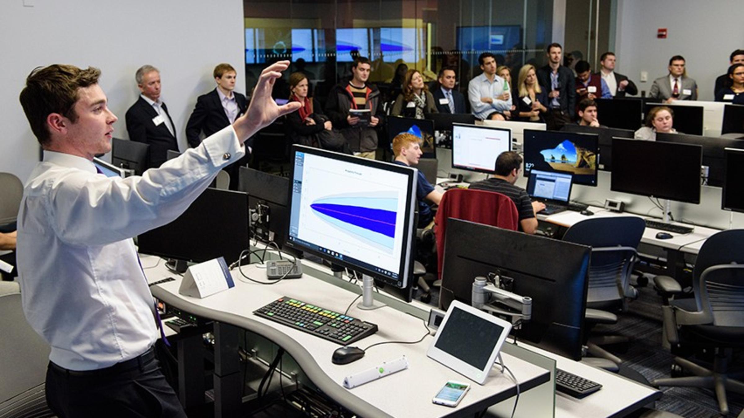 A student demonstrates the technology available in the Stevens Hanlon 2 lab in Hoboken.