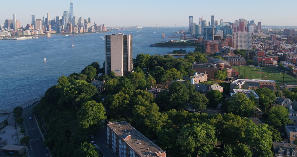Aerial of Stevens campus shot from a drone