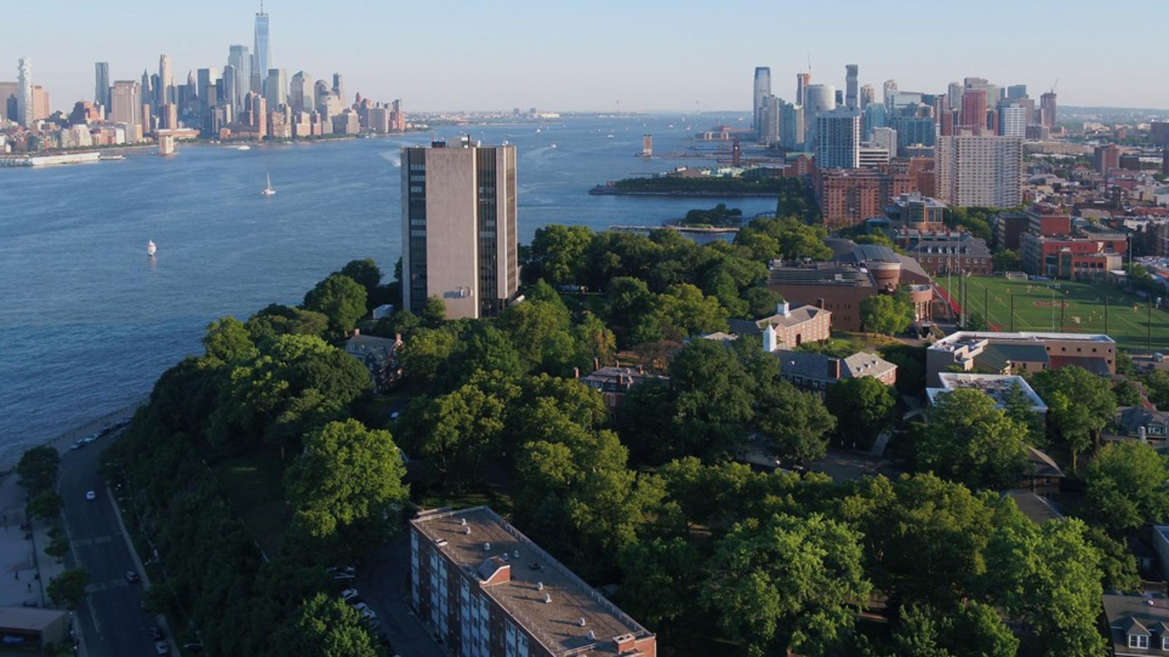 Aerial of Stevens campus shot from a drone