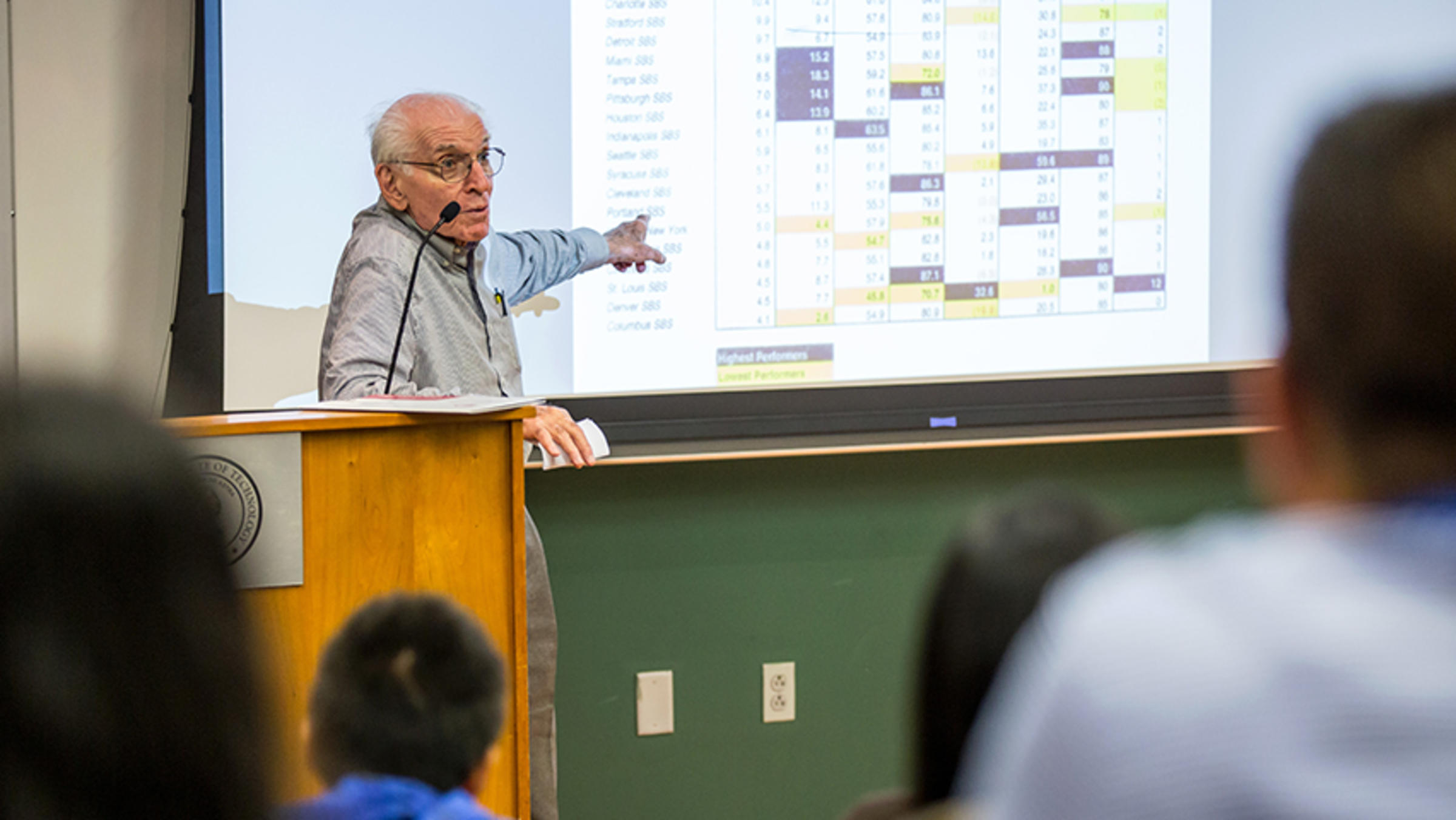 Josh Weston at the podium during a lecture.