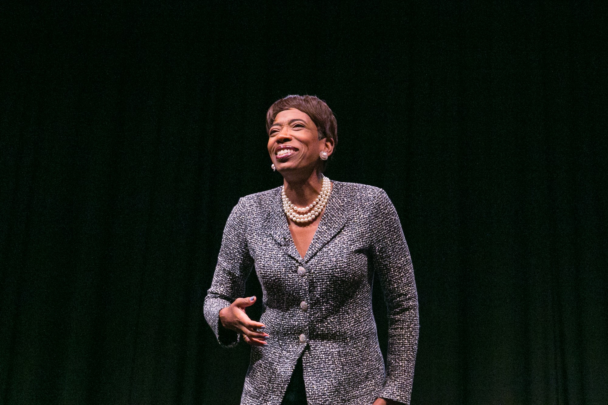 Carla Harris on stage at DeBaun Auditorium