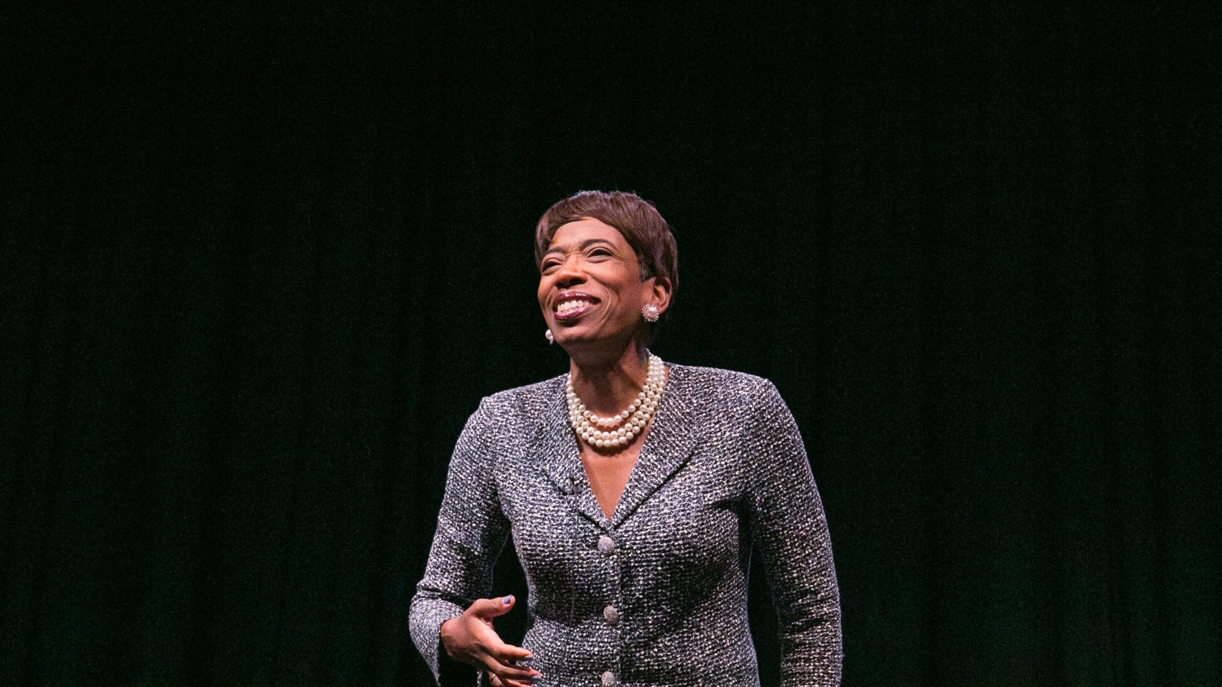 Carla Harris on stage at DeBaun Auditorium