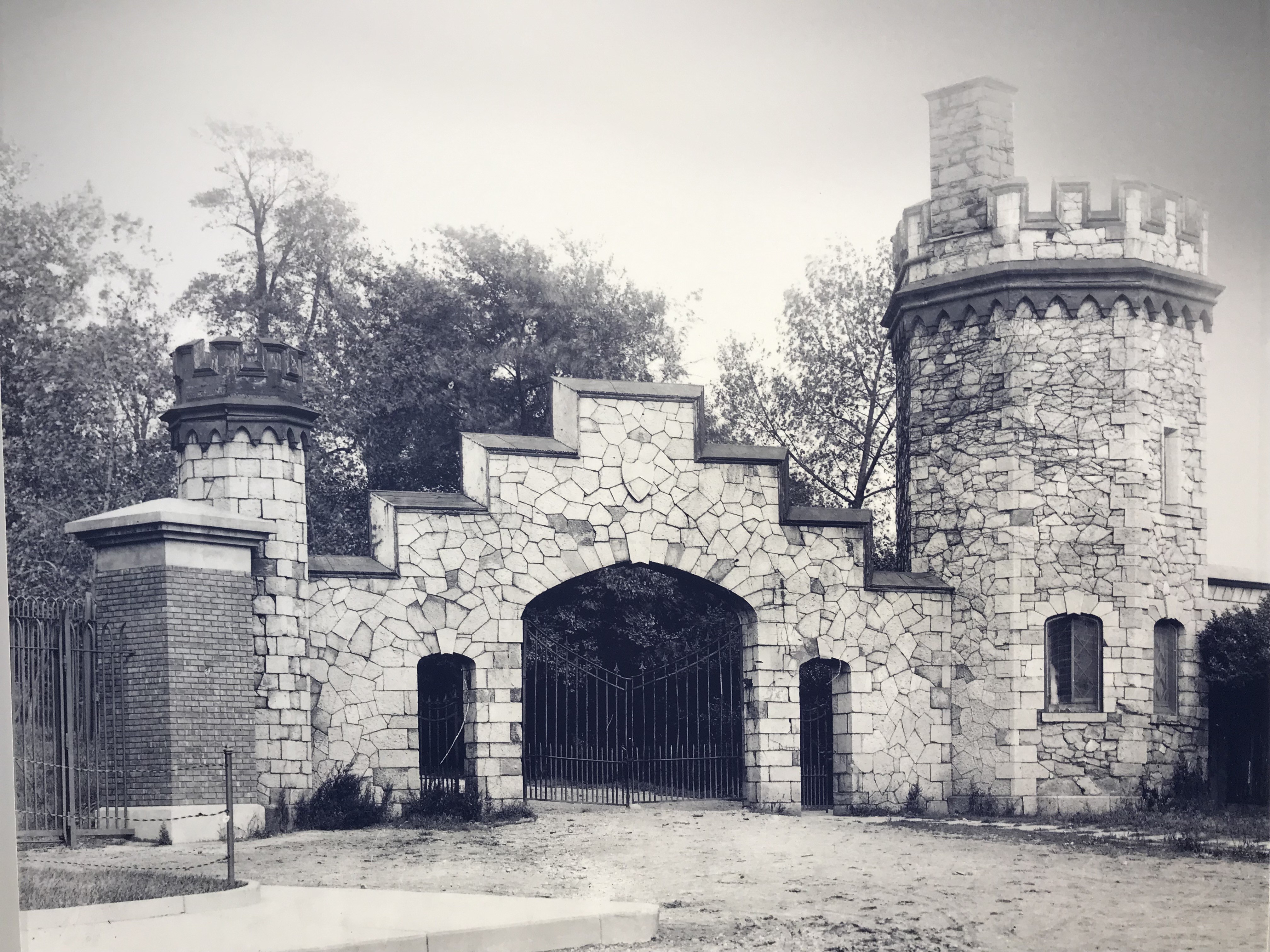 A vintage black and white photo of the gatehouse at Stevens Institute of Technology