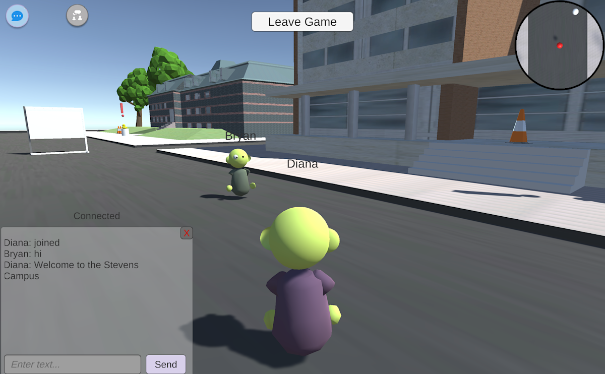 A screenshot of Imagication, in which virtual players representing students on a campus interact via chat feature