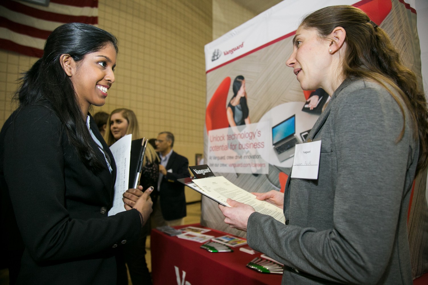 A Stevens student meets with a recruiter at a 2017 career fair