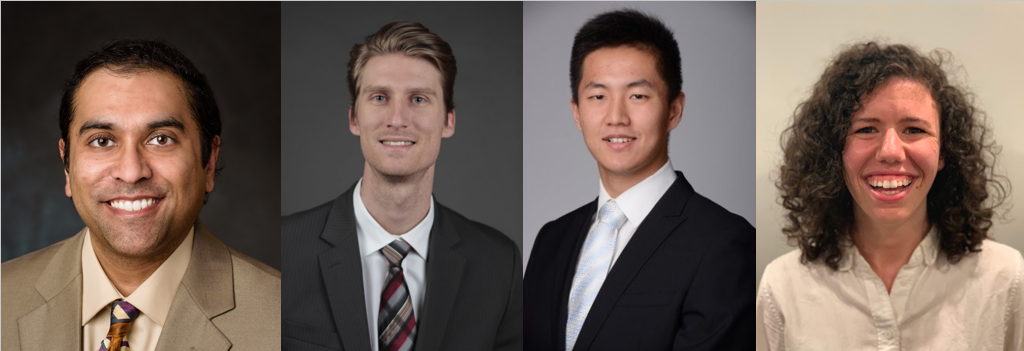 From left to right: Dr. Raviraj Nataraj, Ph.D. and the former and current Ph.D. students (Sean Sanford, Ph.D., Mingxiao Liu, Ph.D., and Sophie Dewil, M.S.) who have contributed to the groundwork for the lab’s NSF CAREER award. 