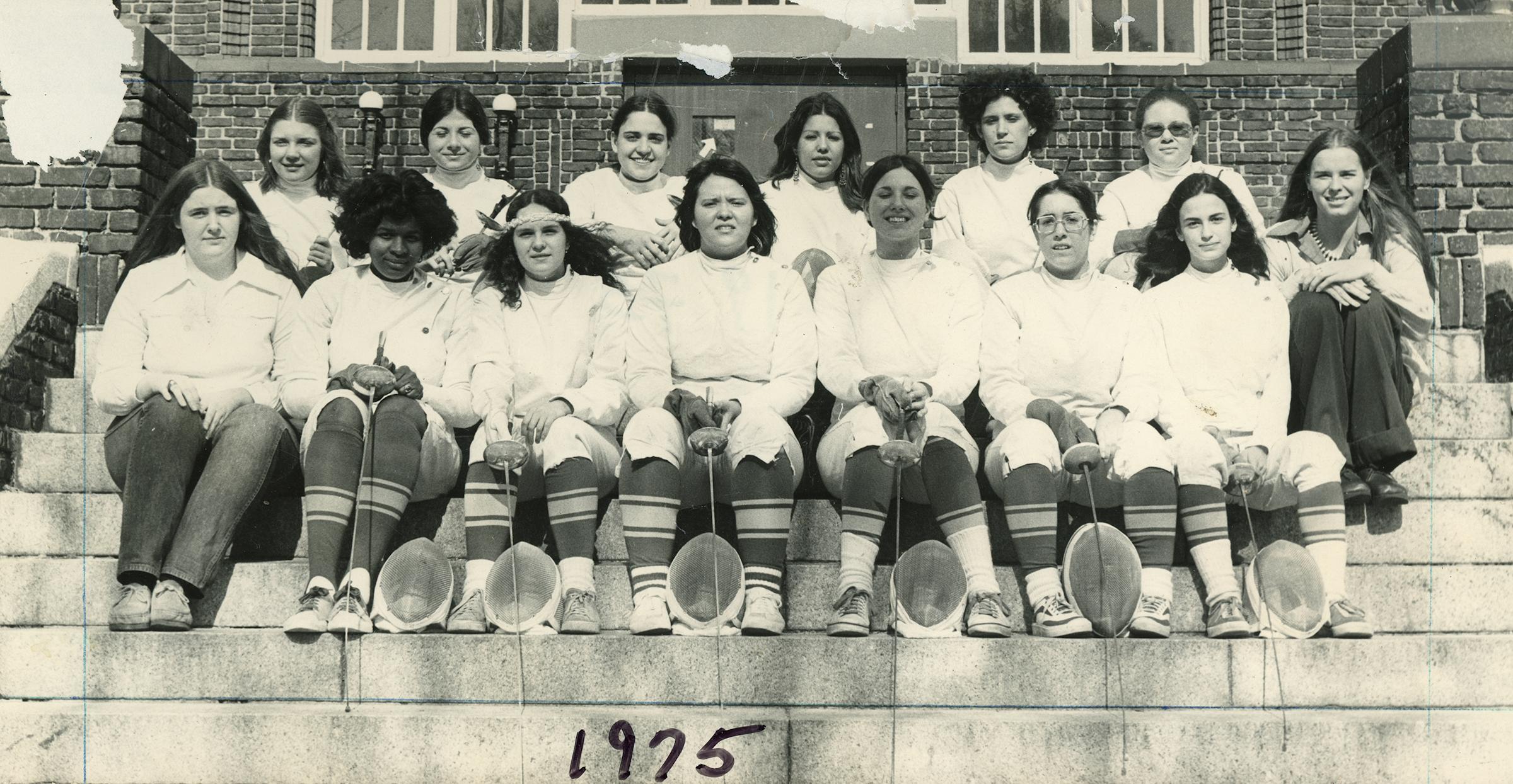 Group photo of Stevens Women’s Fencing team in 1975