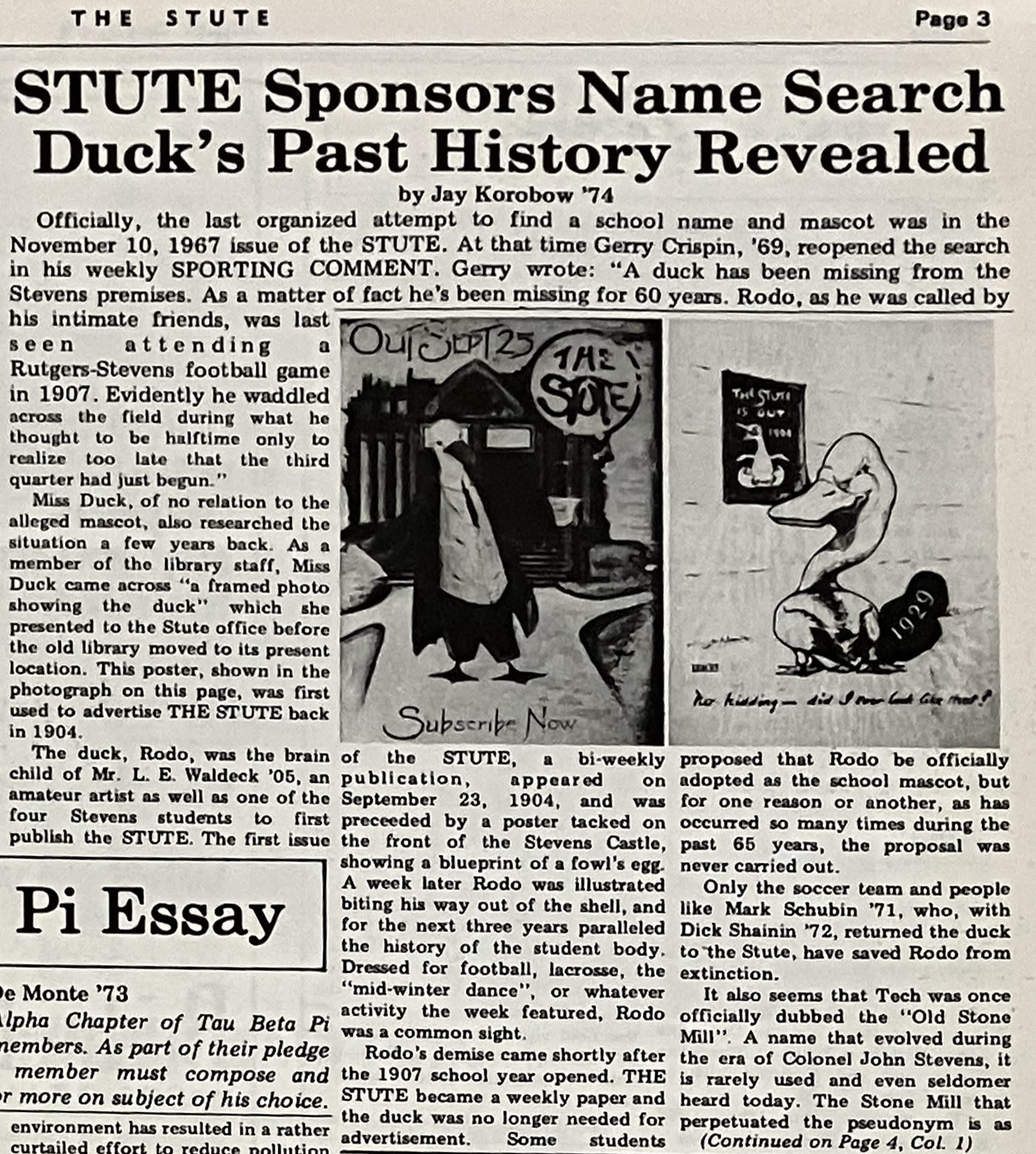 Article from 1971 issue of The Stute, featuring name contest for duck mascot