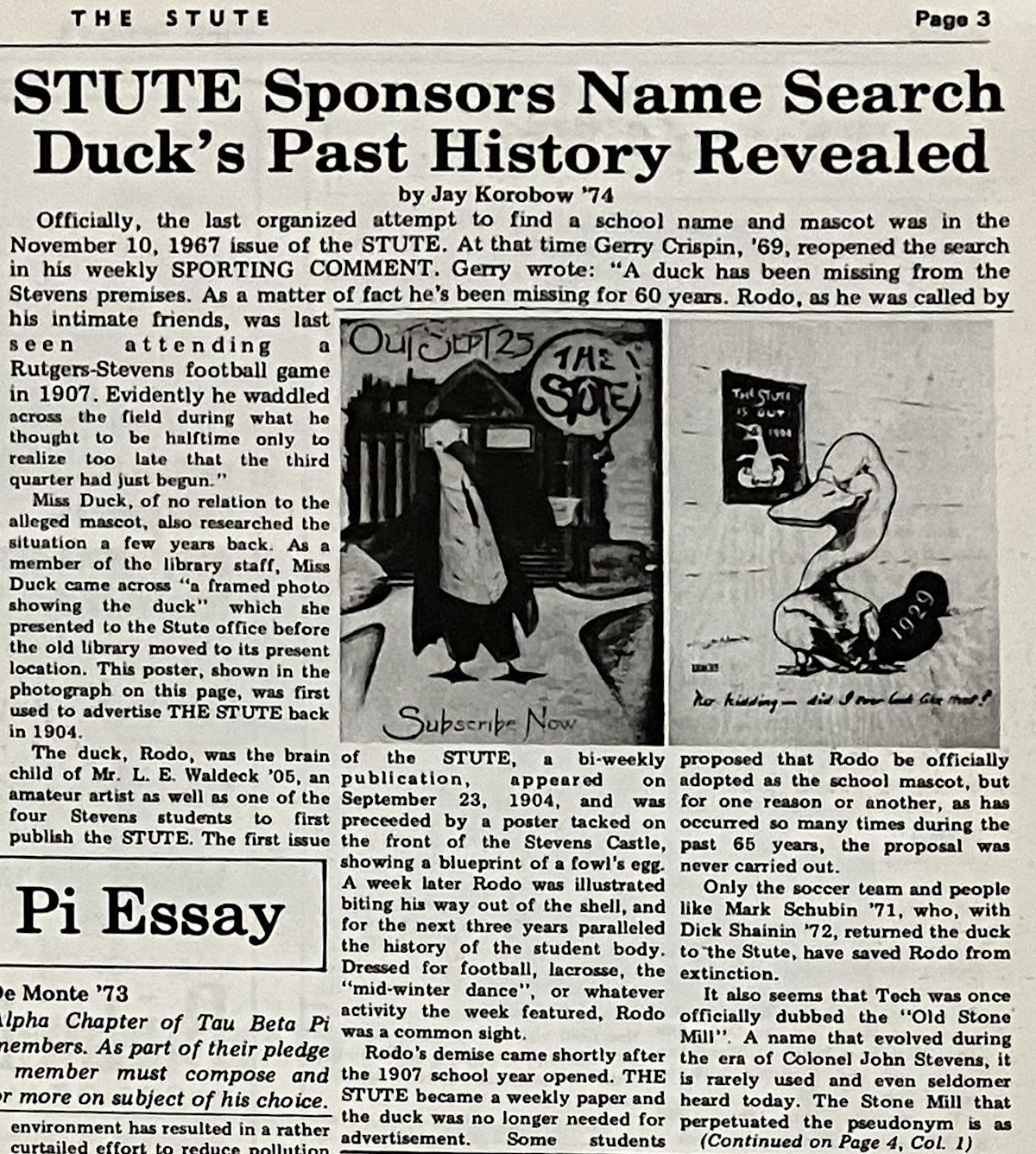 Article from 1971 issue of The Stute, featuring name contest for duck mascot