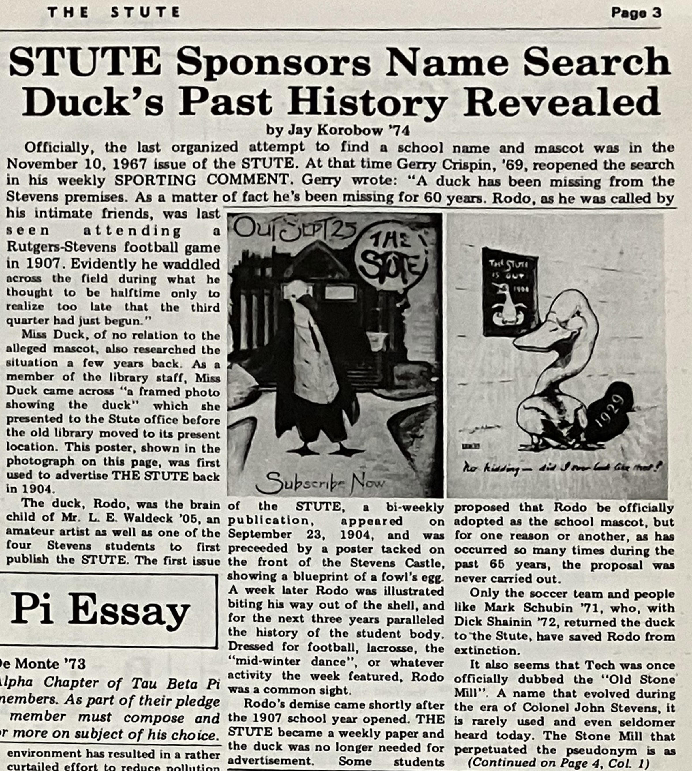 Article from 1971 issue of The Stute, featuring name contest for duck mascot