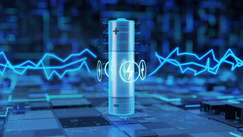 A futuristic black-and-blue graphic of a battery charging.