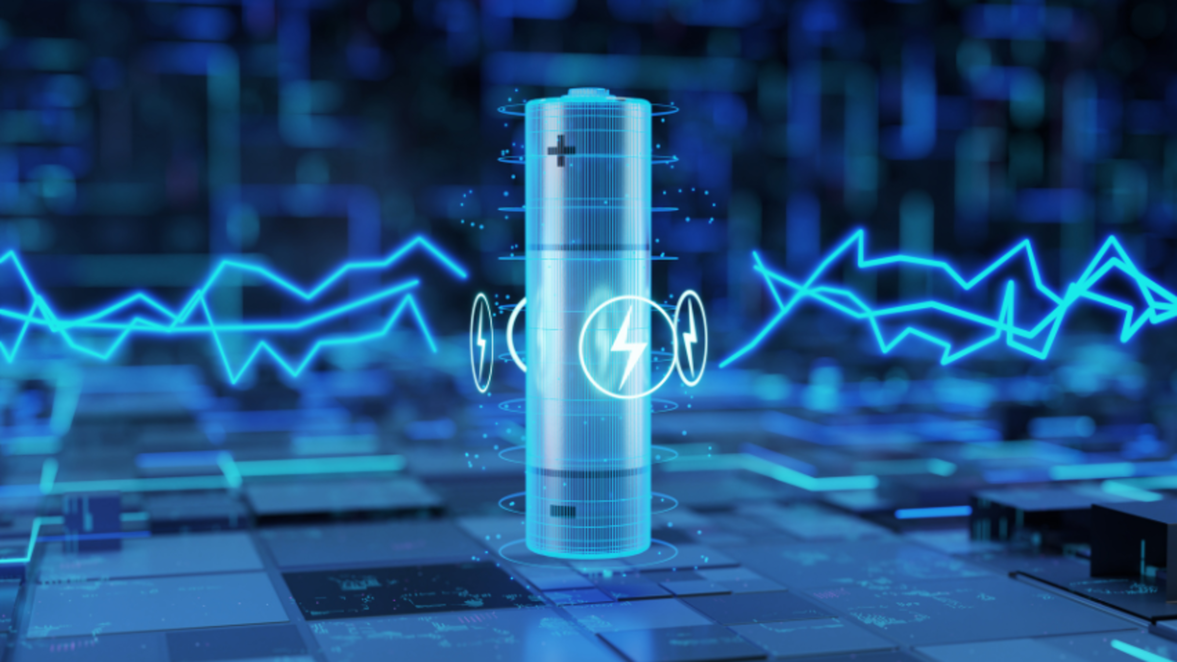 A futuristic black-and-blue graphic of a battery charging.