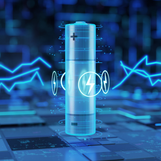 A futuristic black-and-blue graphic of a battery charging.