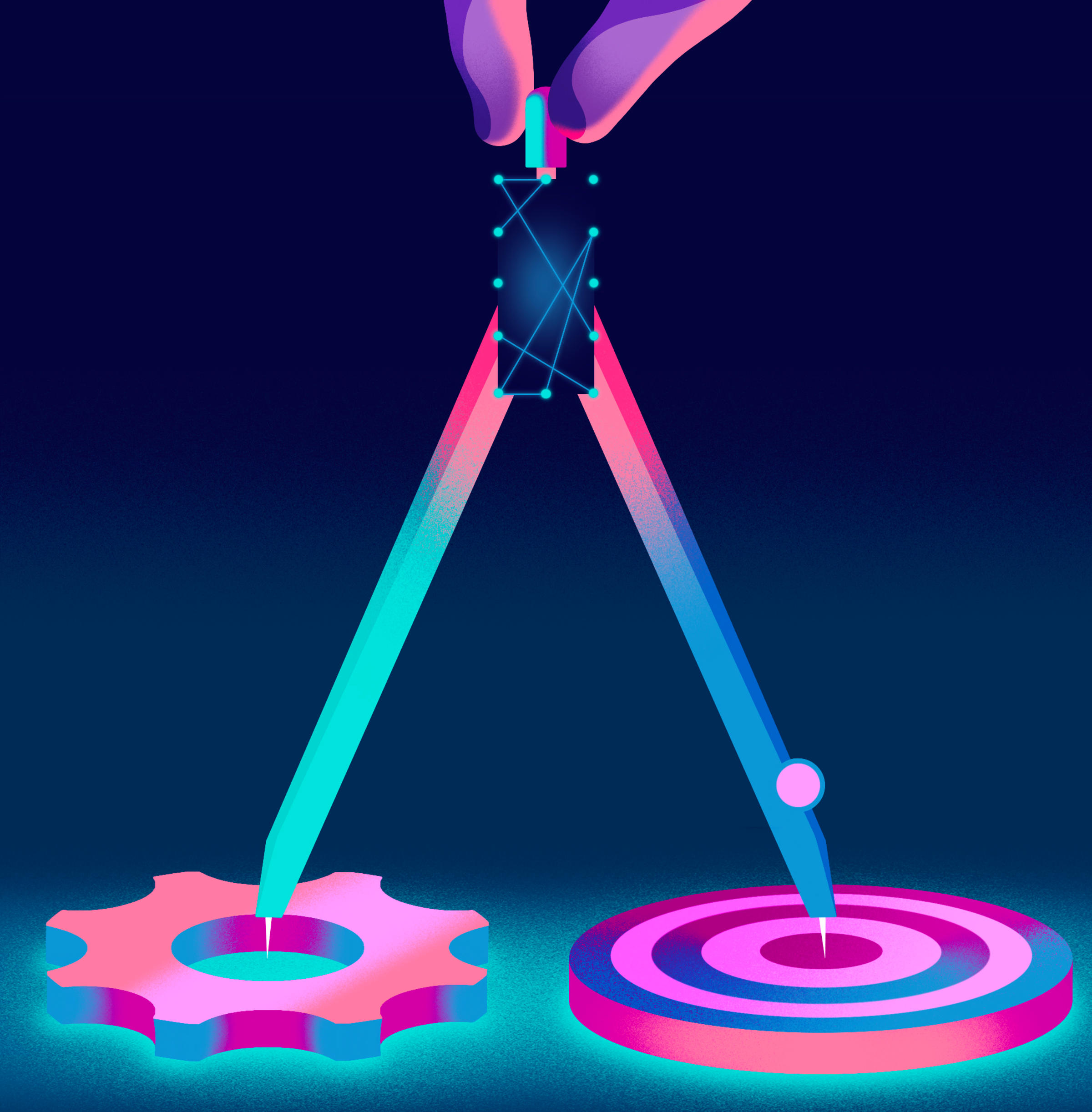 Illustration of a hand holding a compass over a gear and concentric circles.