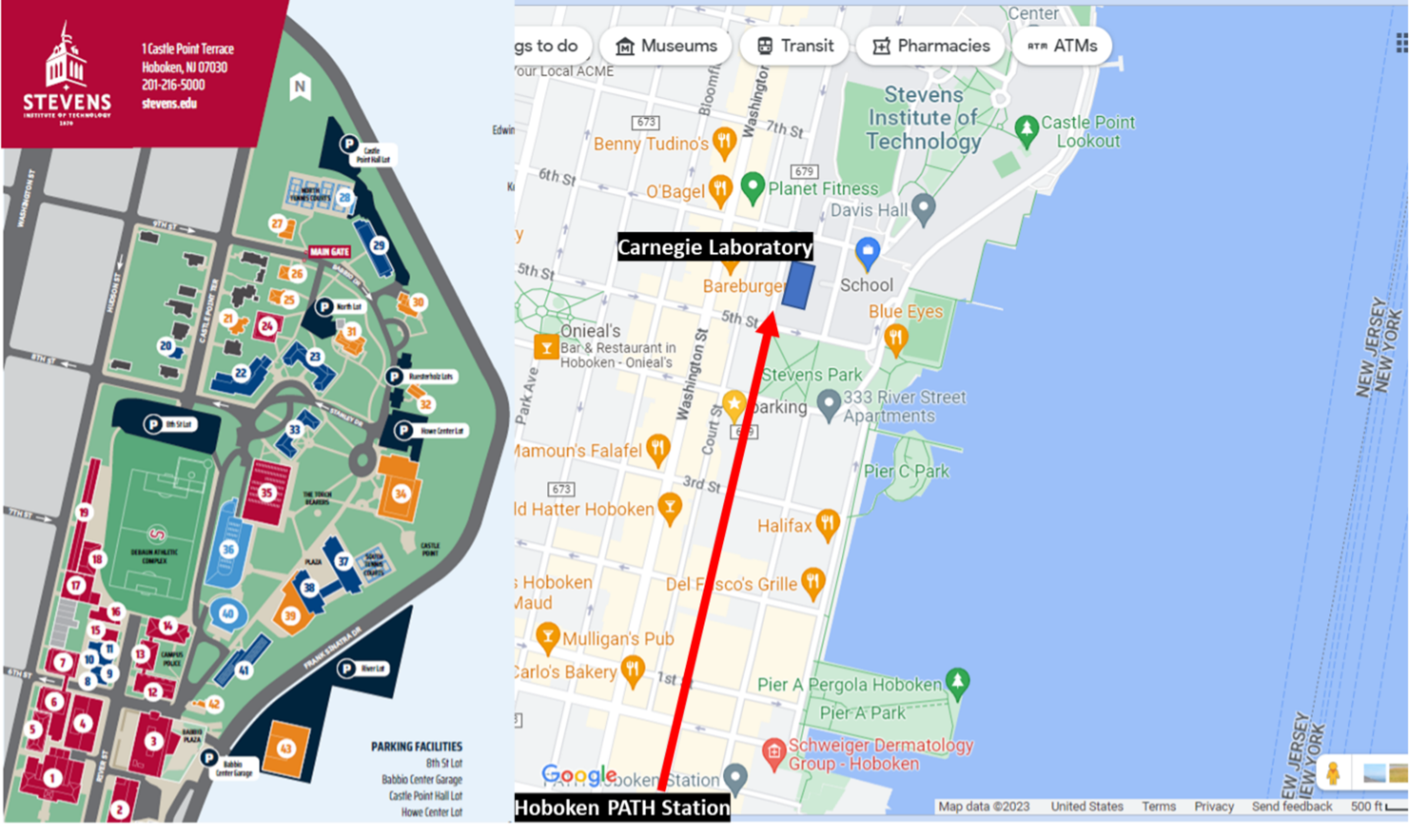 a map of Hoboken highlighting the Hoboken PATH station to Carnegie Laboratory