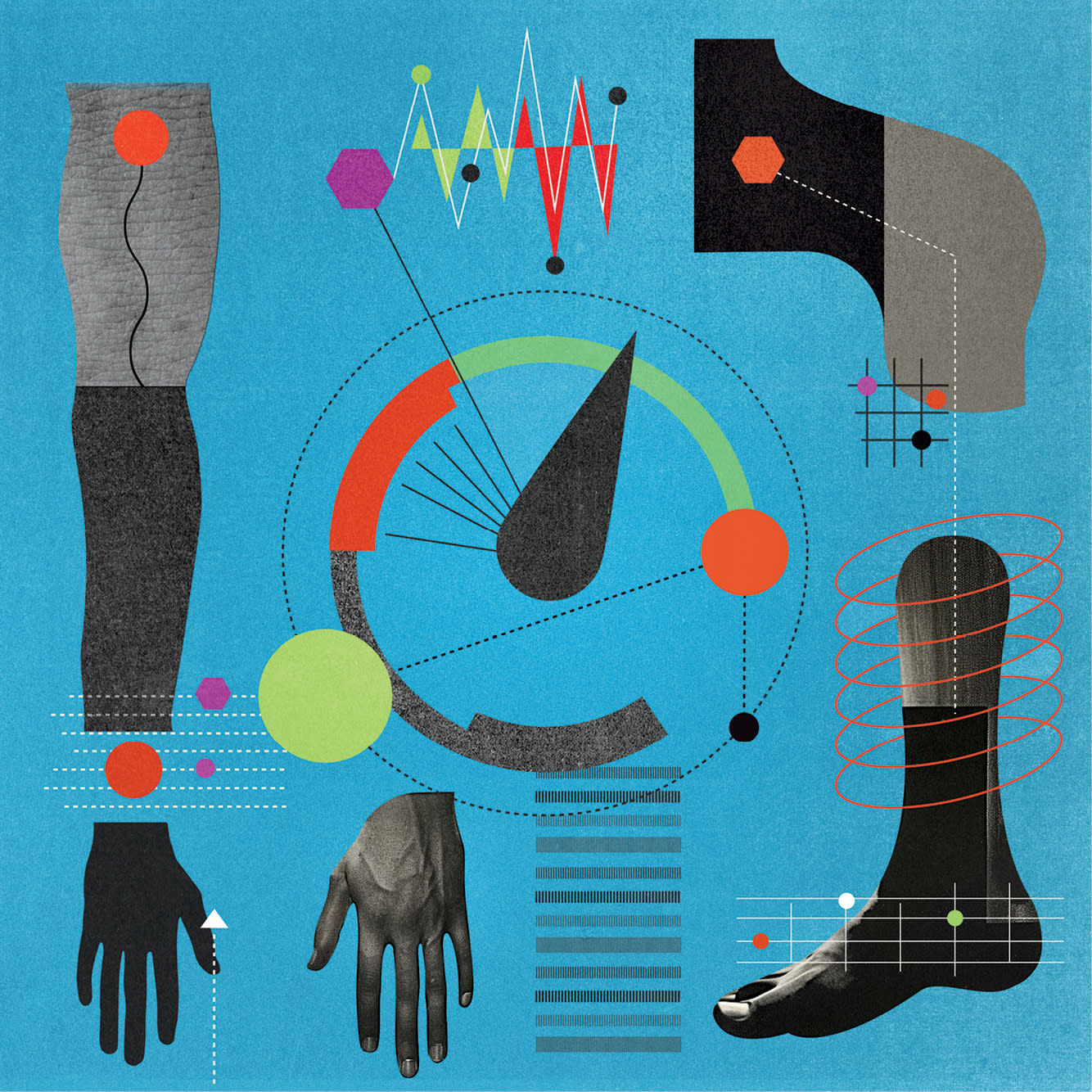 A collage of disassembled body parts appear against a light blue background. Interspersed between them are a graph with several spikes and a dial, evoking the idea of a tracking dashboard.