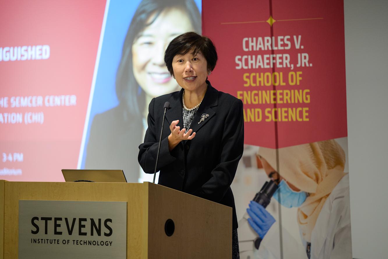 Jean Zu, dean of the Schaefer School of Engineering and Science, speaks at a podium