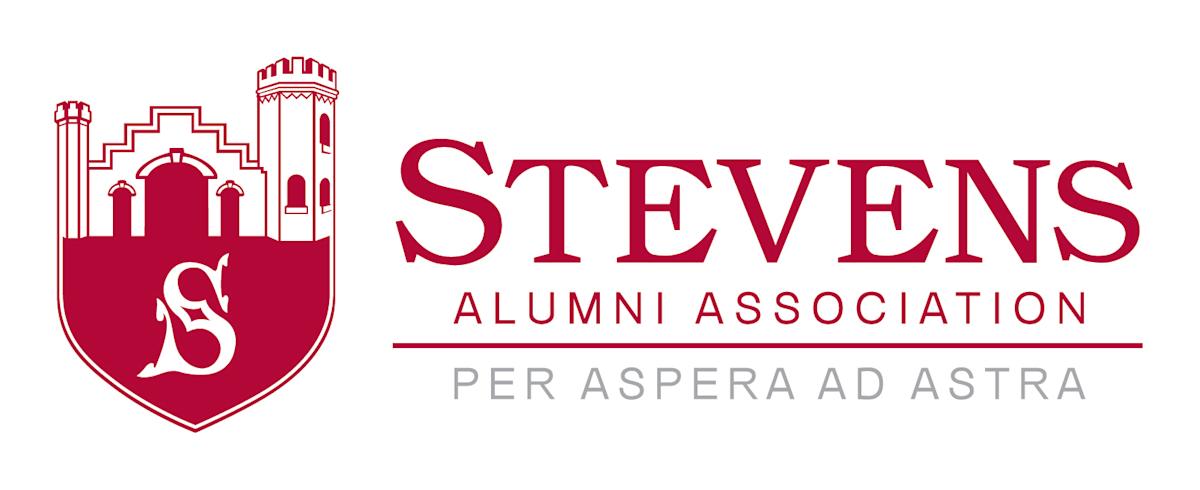Stevens Alumni Association logo featuring a red shield with the Castle silhouette and stylized “S” on the left, alongside the words “STEVENS ALUMNI ASSOCIATION” and “Per Aspera Ad Astra” in gray.
