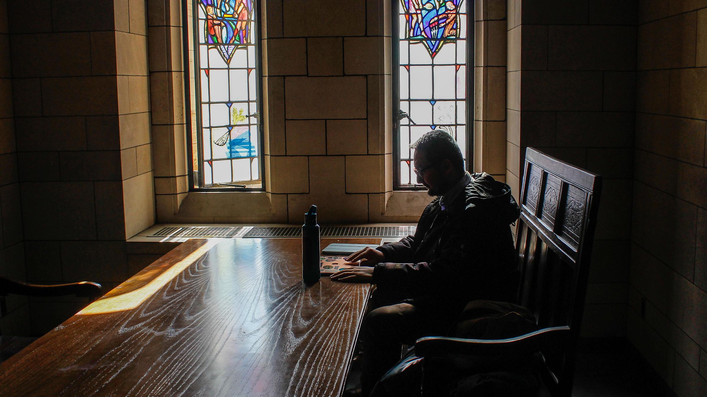 Mohammad Hassany M.S. ’20 inside the Cathedral of Learning at the University of Pittsburgh, where he’s a Ph.D. student in information science.