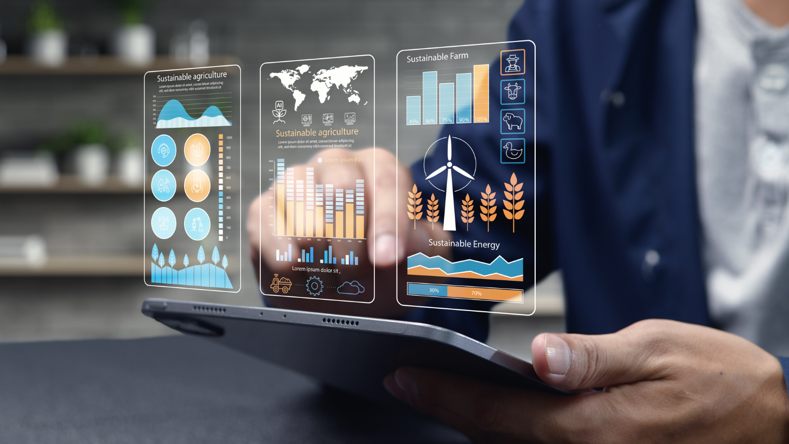This image showcases a person using a tablet featuring digital graphs related to sustainability in agriculture, energy, and technology, highlighting modern eco-friendly solutions.