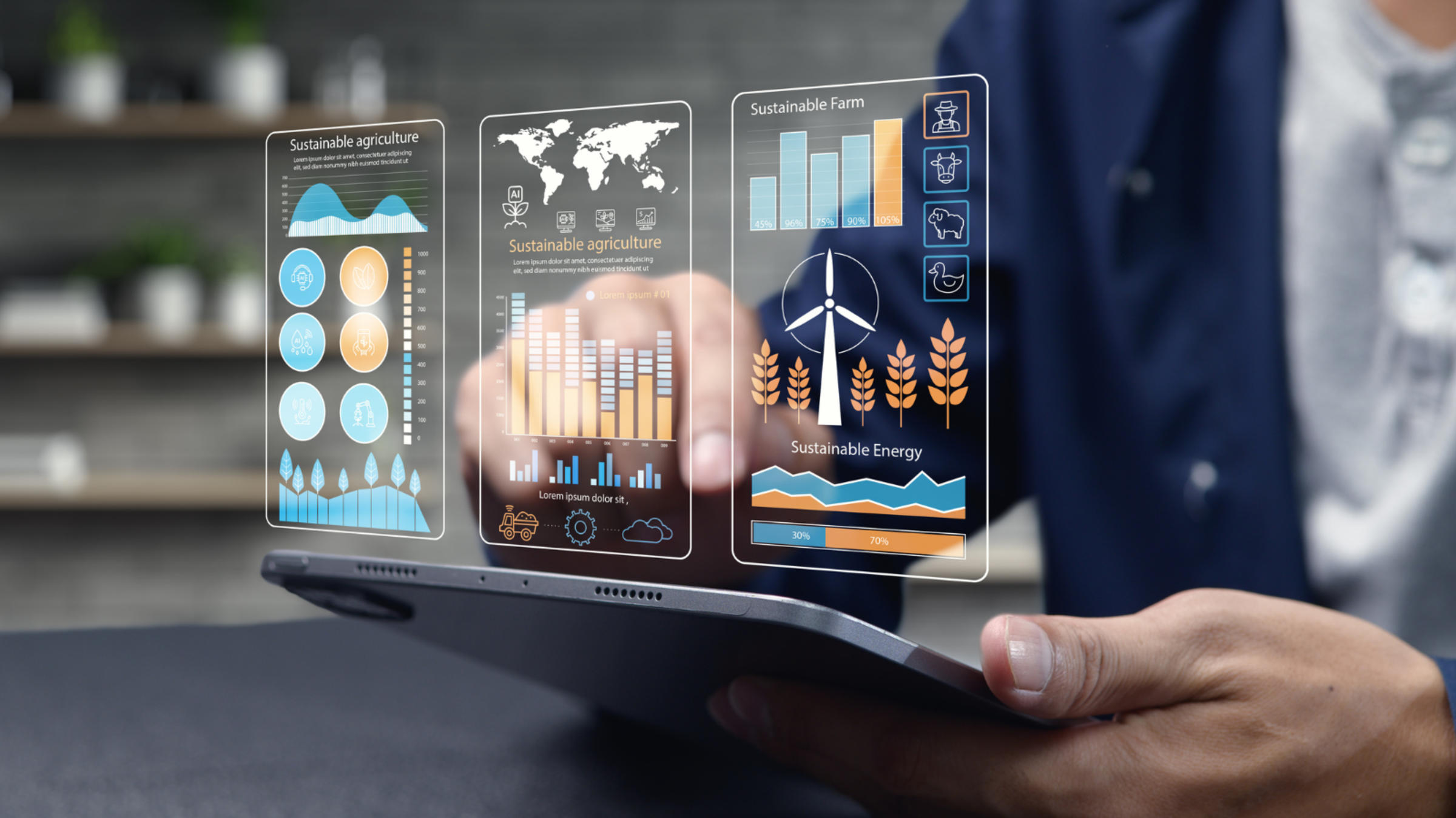 This image showcases a person using a tablet featuring digital graphs related to sustainability in agriculture, energy, and technology, highlighting modern eco-friendly solutions.
