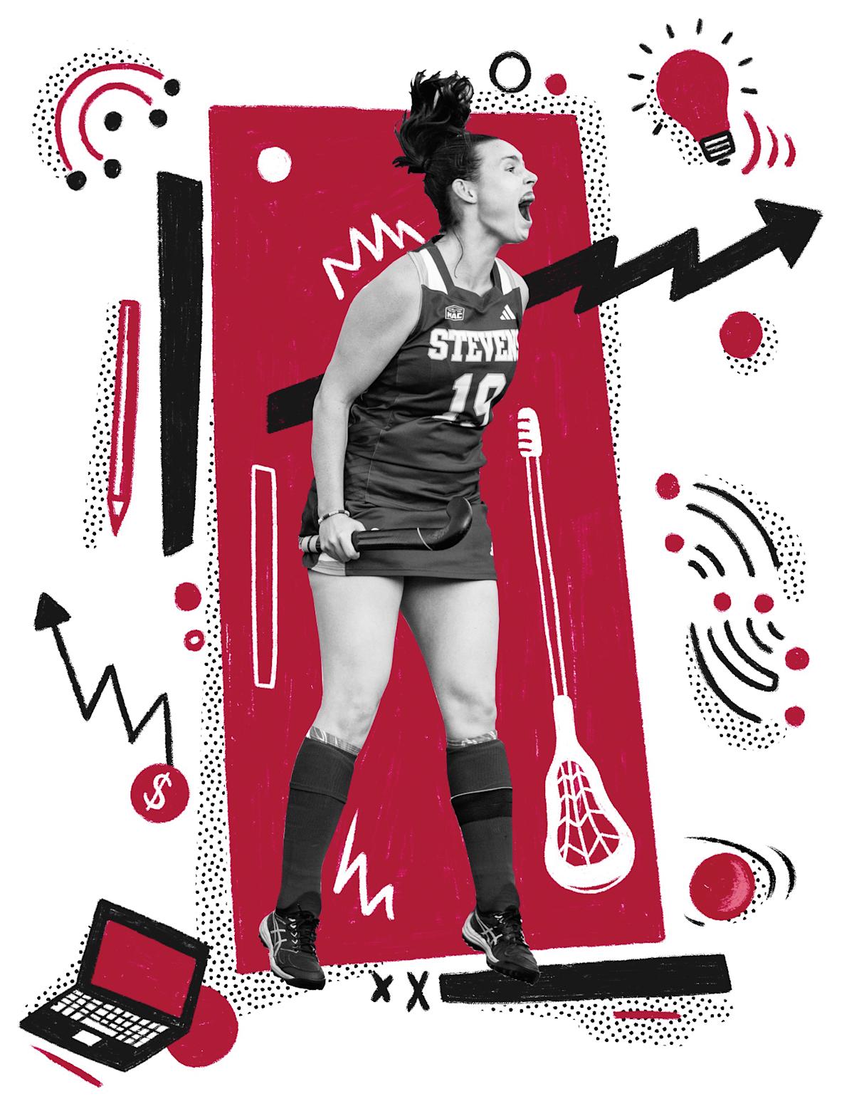 Photo illustration of Emily Smart playing field hockey