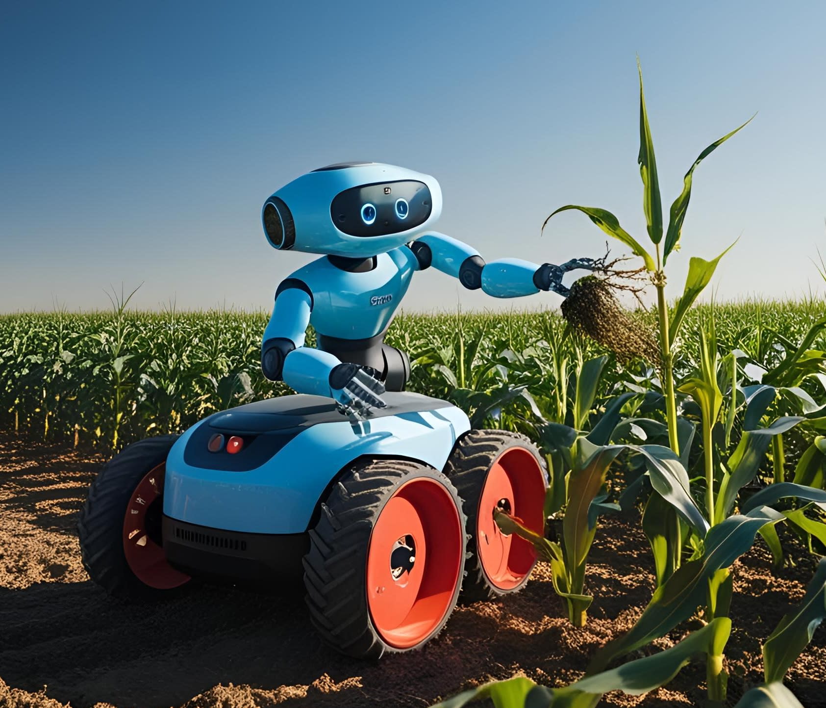 a robot plucking a weed in a field