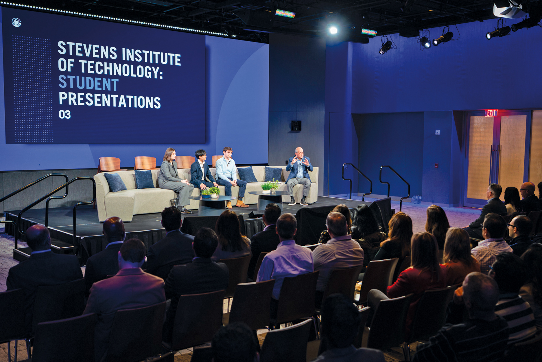 Three young Stevens entrepreneurs and President Nariman Farvardin served as special guest panelists before thousands of Prudential Financial employees in February, speaking on the future of technology. 