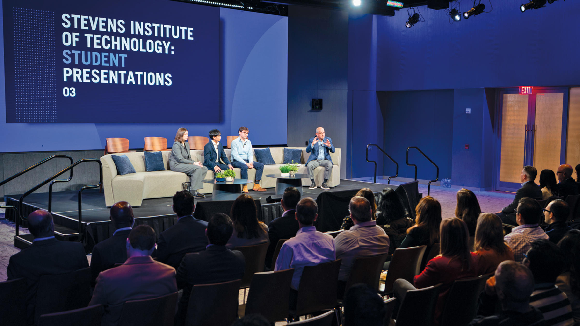 Three young Stevens entrepreneurs and President Nariman Farvardin served as special guest panelists before thousands of Prudential Financial employees in February, speaking on the future of technology.