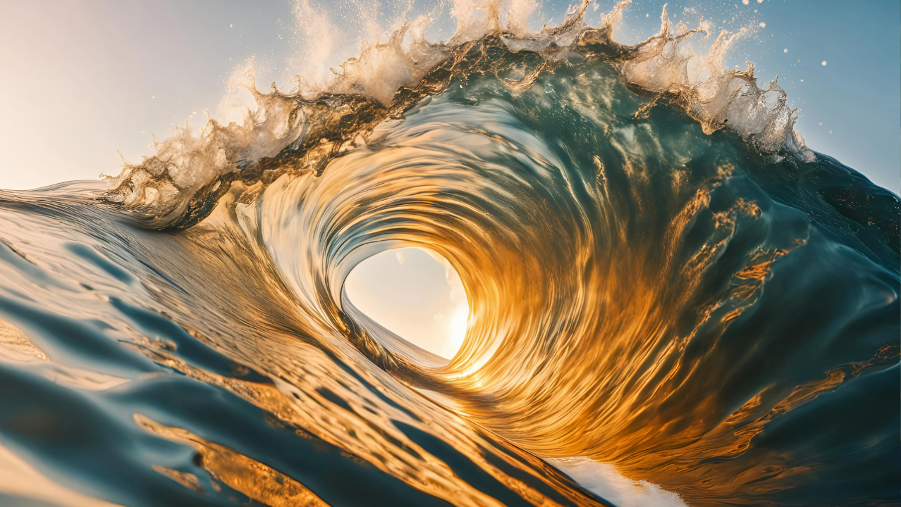 A close-up of an ocean wave from it's edge as the water curls over to form a tunnel.