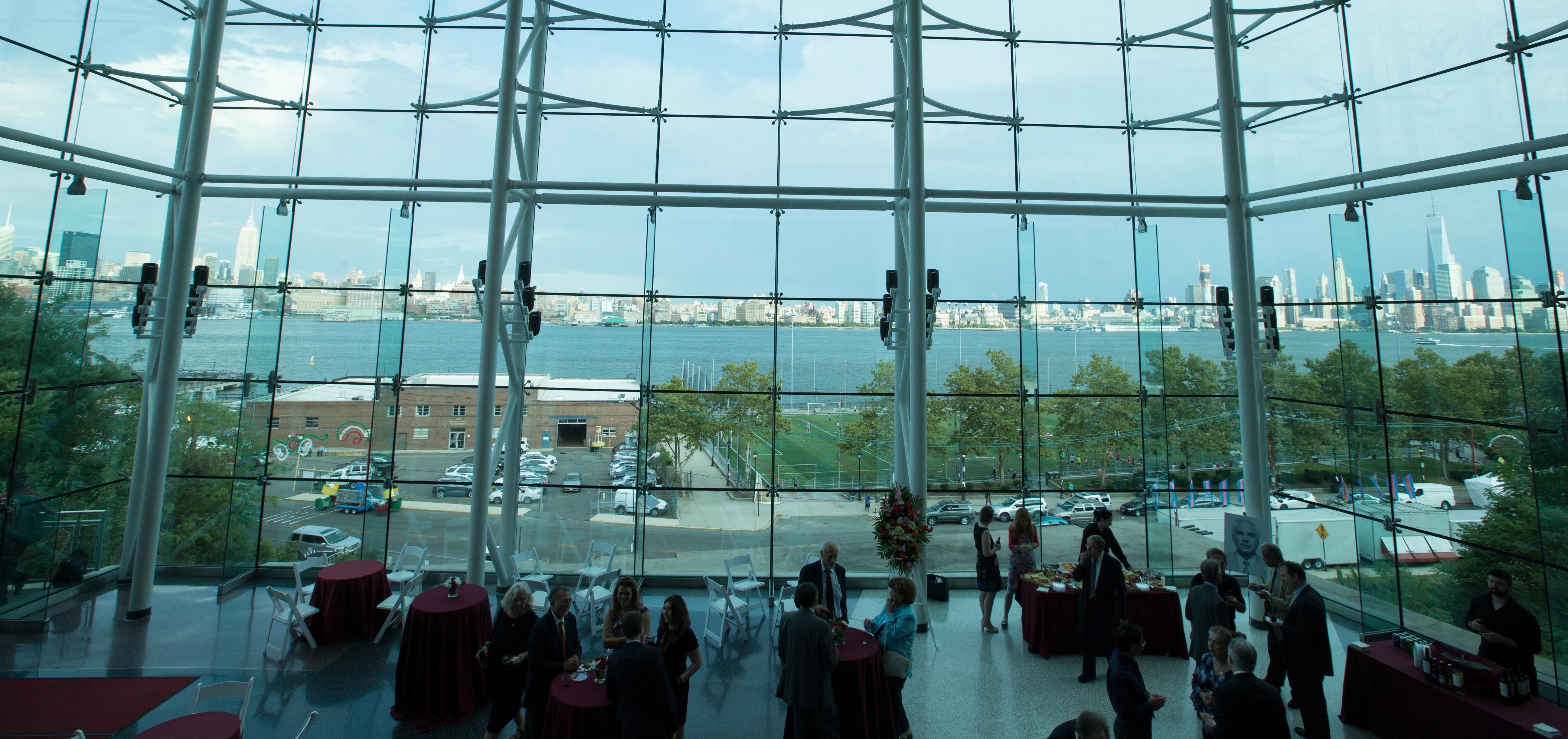 A poster session in the Babbio Center at Stevens Institute of Technology.