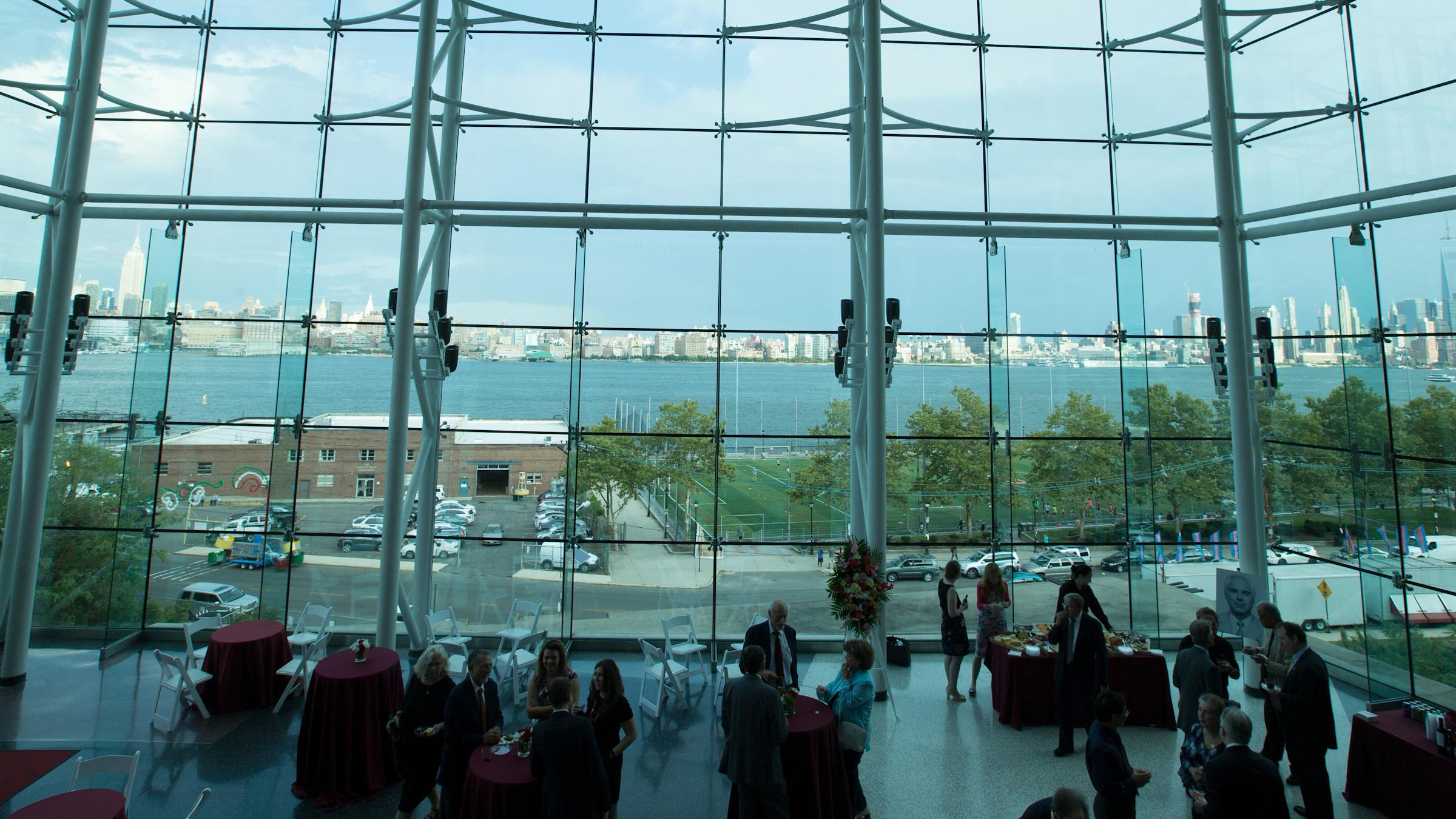 A poster session in the Babbio Center at Stevens Institute of Technology.