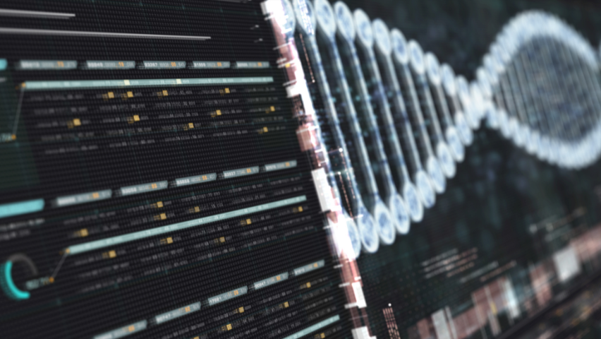 Futuristic holographic advance biomedical DNA sequence analysis diagnostic head up display for background computer screen display.