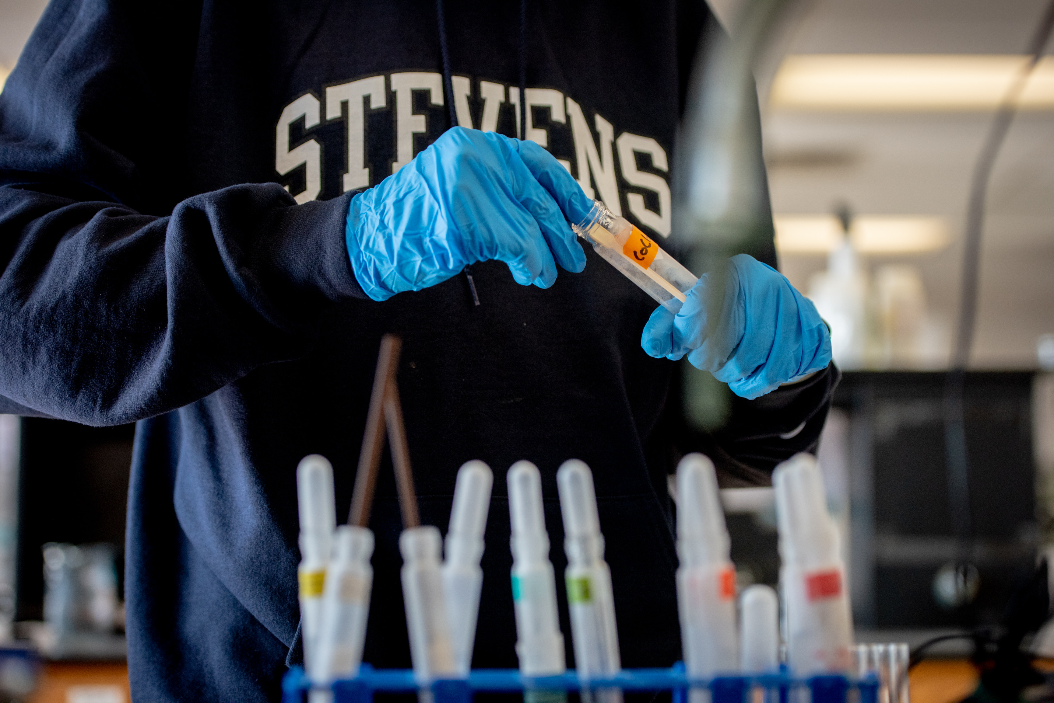 A chest-down image of a student with a STEVENS sweatshirt on working with test tubes while wearing gloves.
