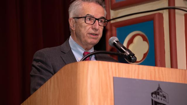 Speaker at the podium giving a speech at Stevens Graduation Awards 2023