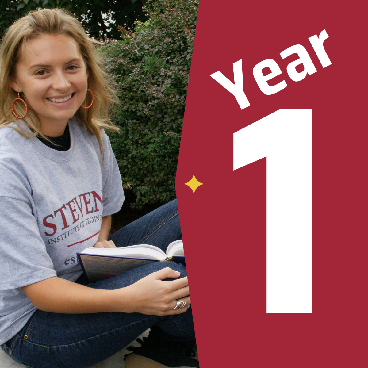 A student in a Stevens t-shirt sitting with an open book next to a graphic that says year one.