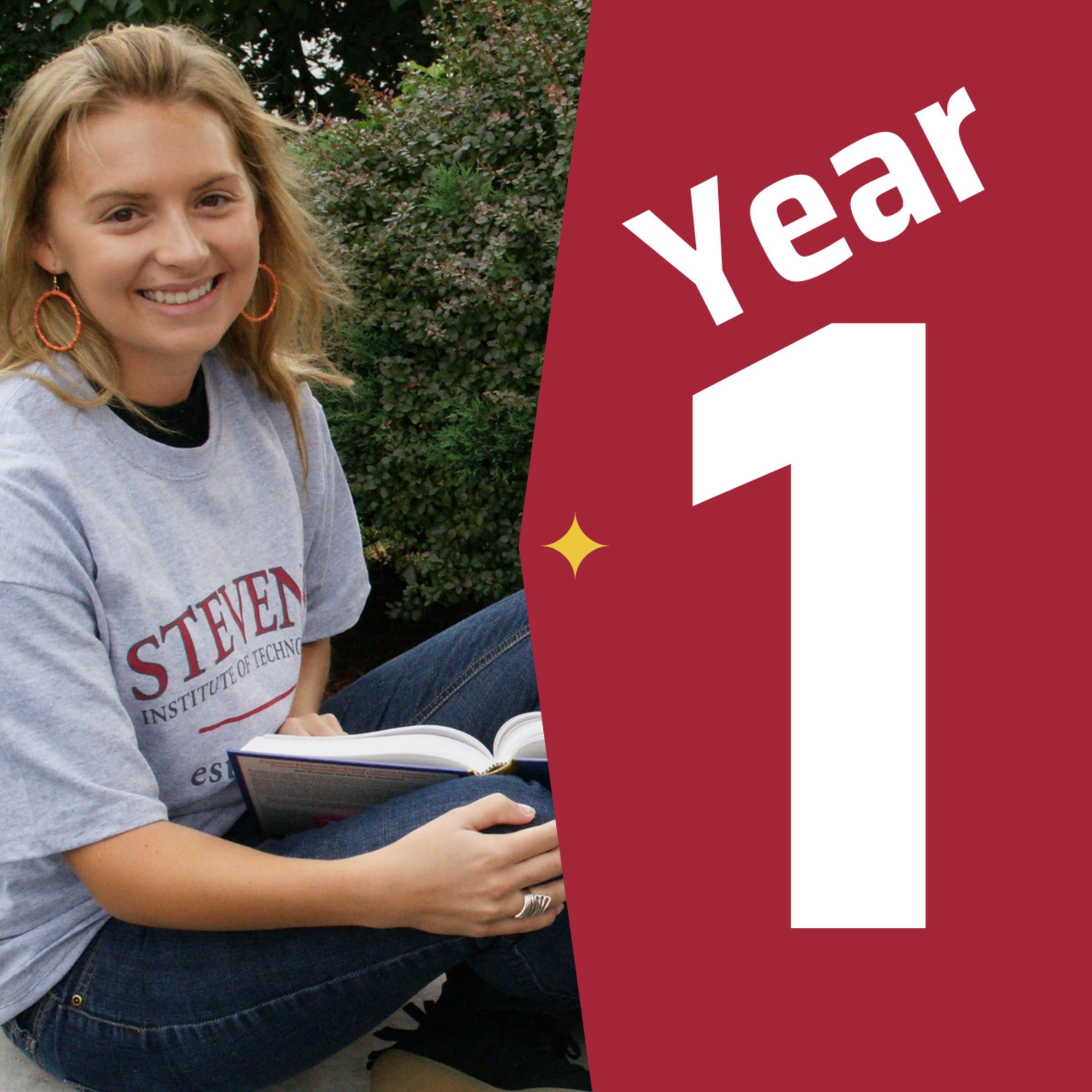 A student in a Stevens t-shirt sitting with an open book next to a graphic that says year one.