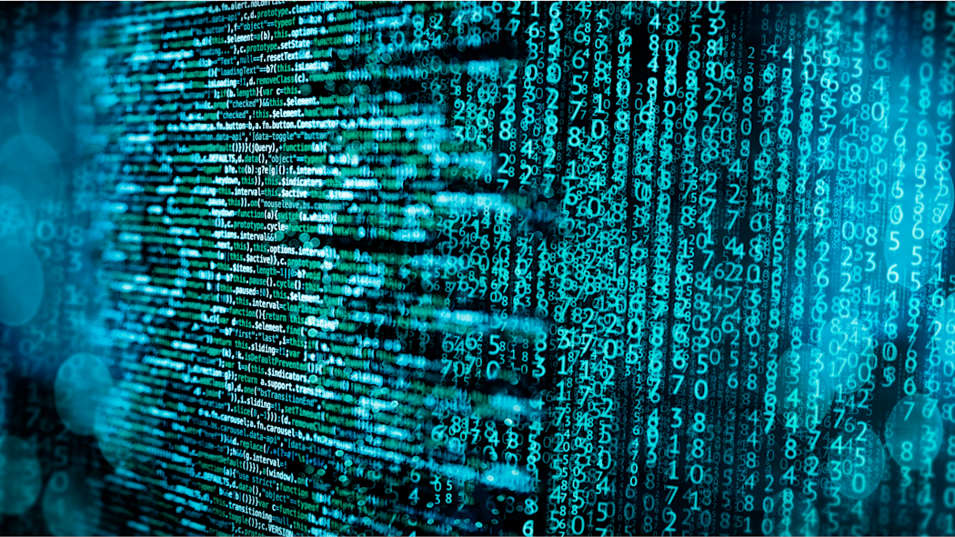 A graphical depiction of computer coding, with code on the left side running horizontally, and code on the left side consisting of numbers aligned vertically. The text is blue and the background is black.