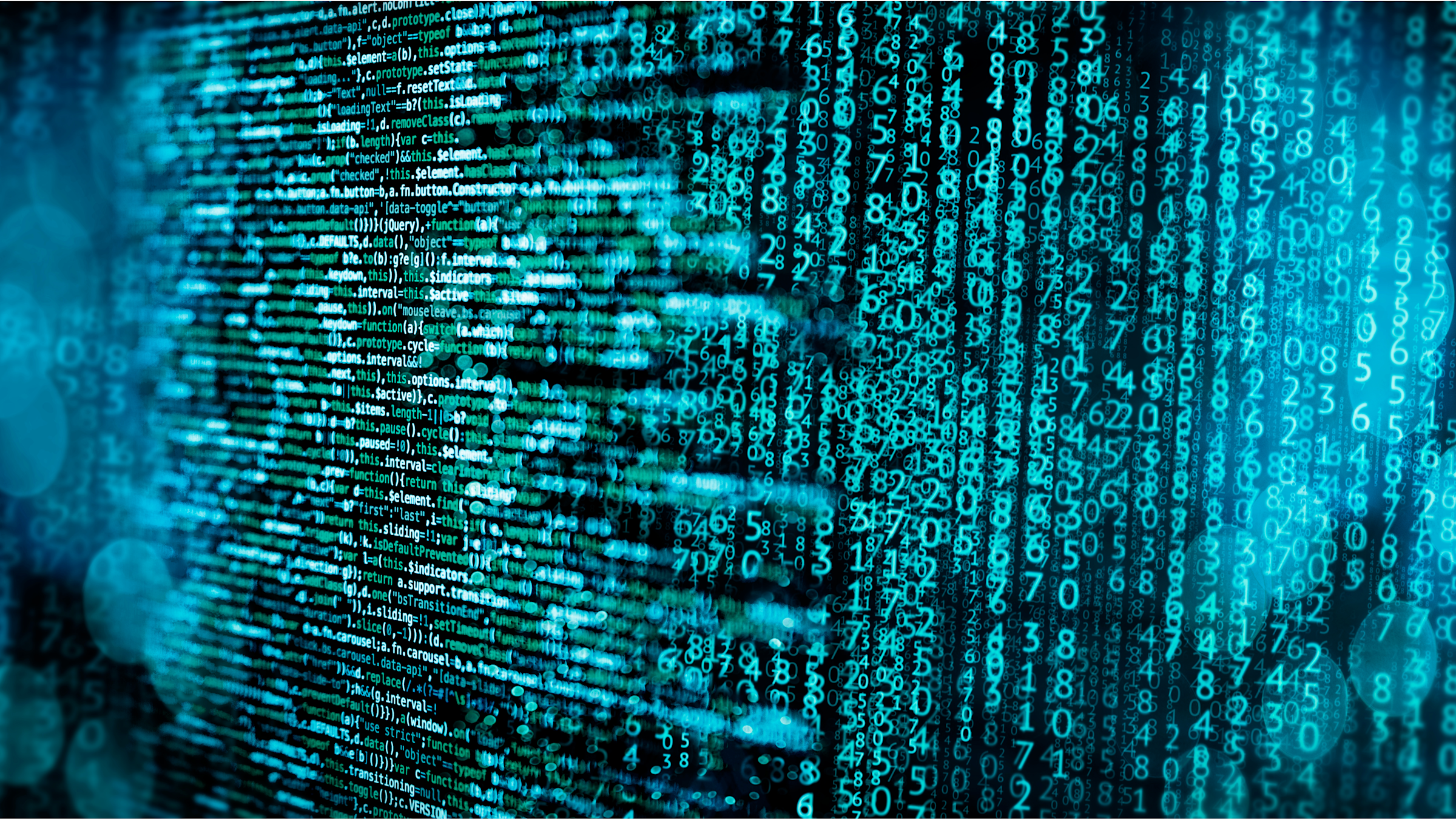 A graphical depiction of computer coding, with code on the left side running horizontally, and code on the left side consisting of numbers aligned vertically. The text is blue and the background is black.