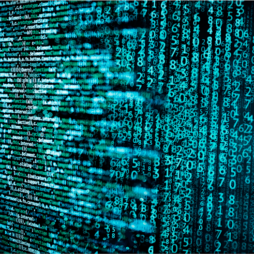 A graphical depiction of computer coding, with code on the left side running horizontally, and code on the left side consisting of numbers aligned vertically. The text is blue and the background is black.