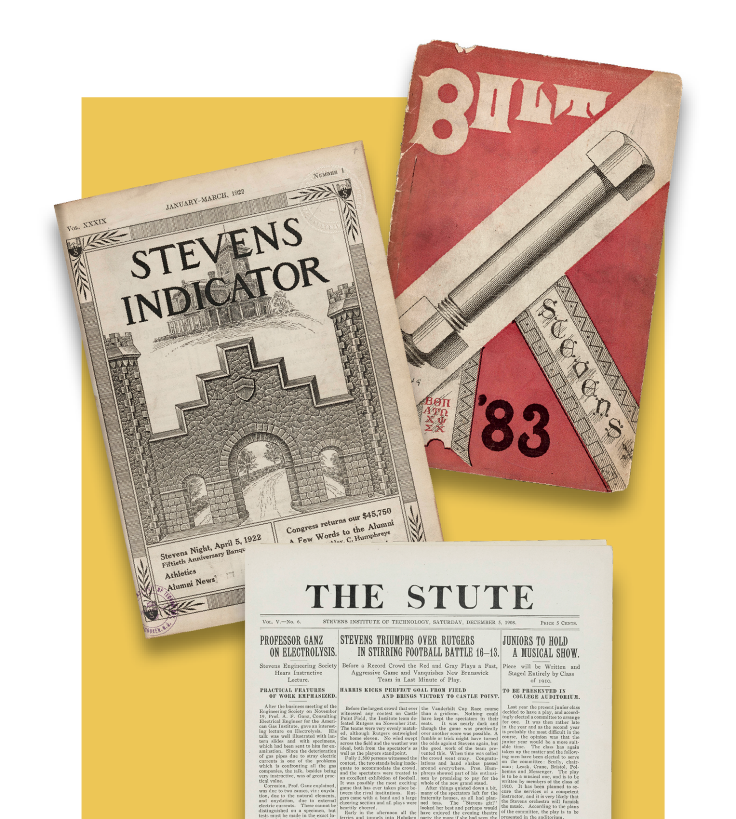Covers from three historical Stevens publications. Clockwise from left: the Stevens Indicator, Bolt, and The Stute.