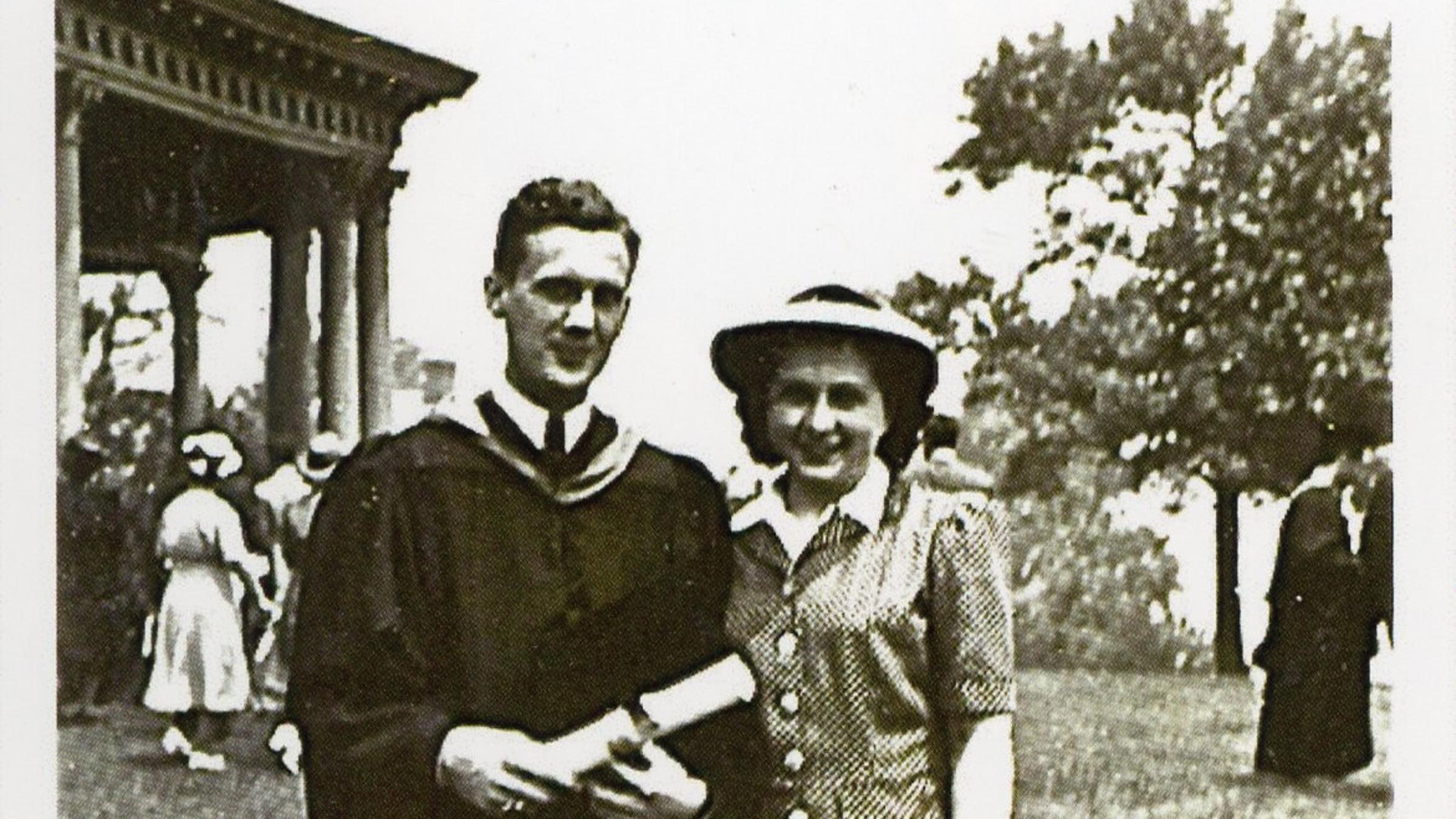 Black and white image of Edward Jedziniak on his graduation day with his future wife Helen