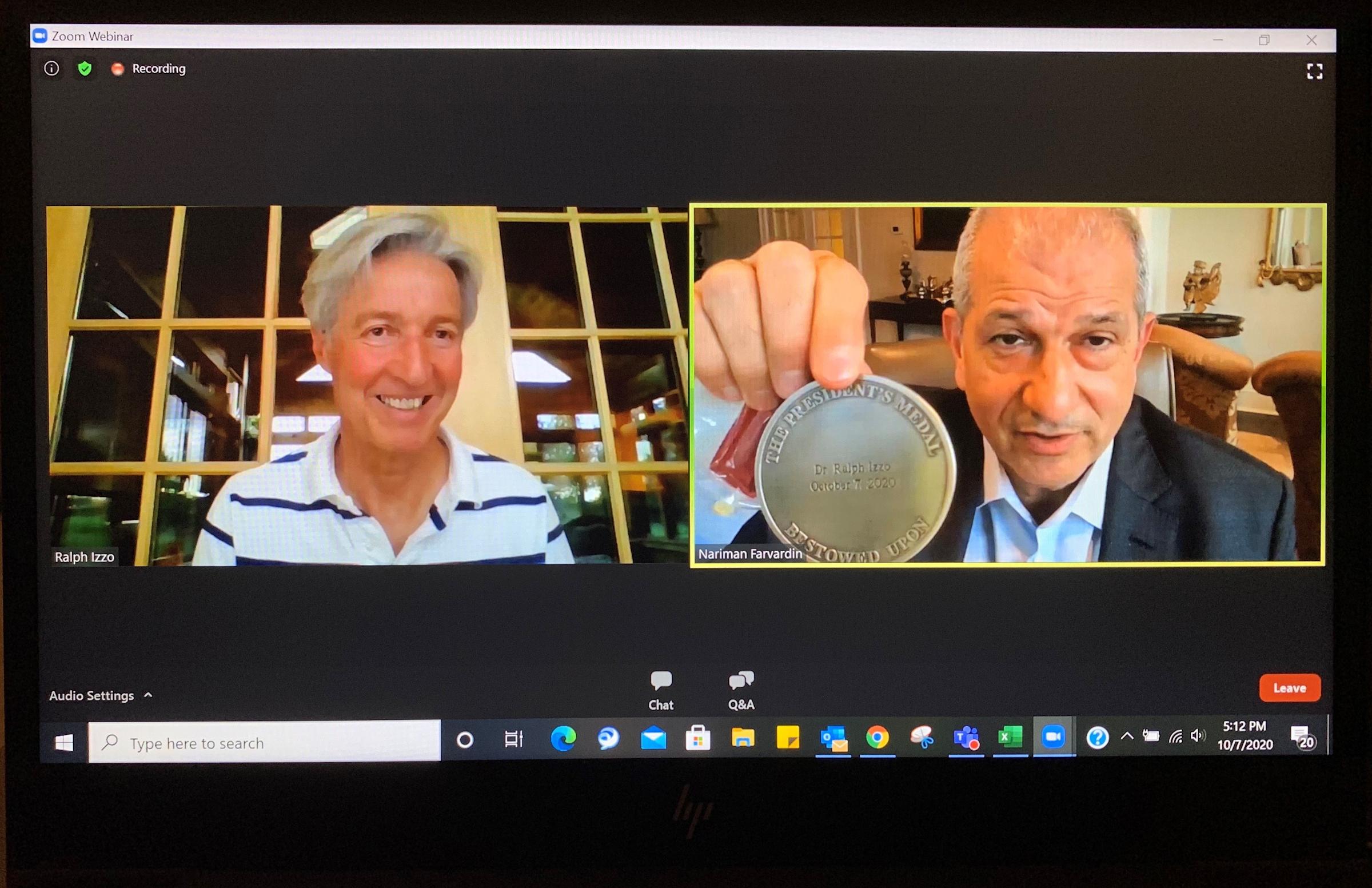 Dr. Ralph Izzo receiving Medal over Zoom