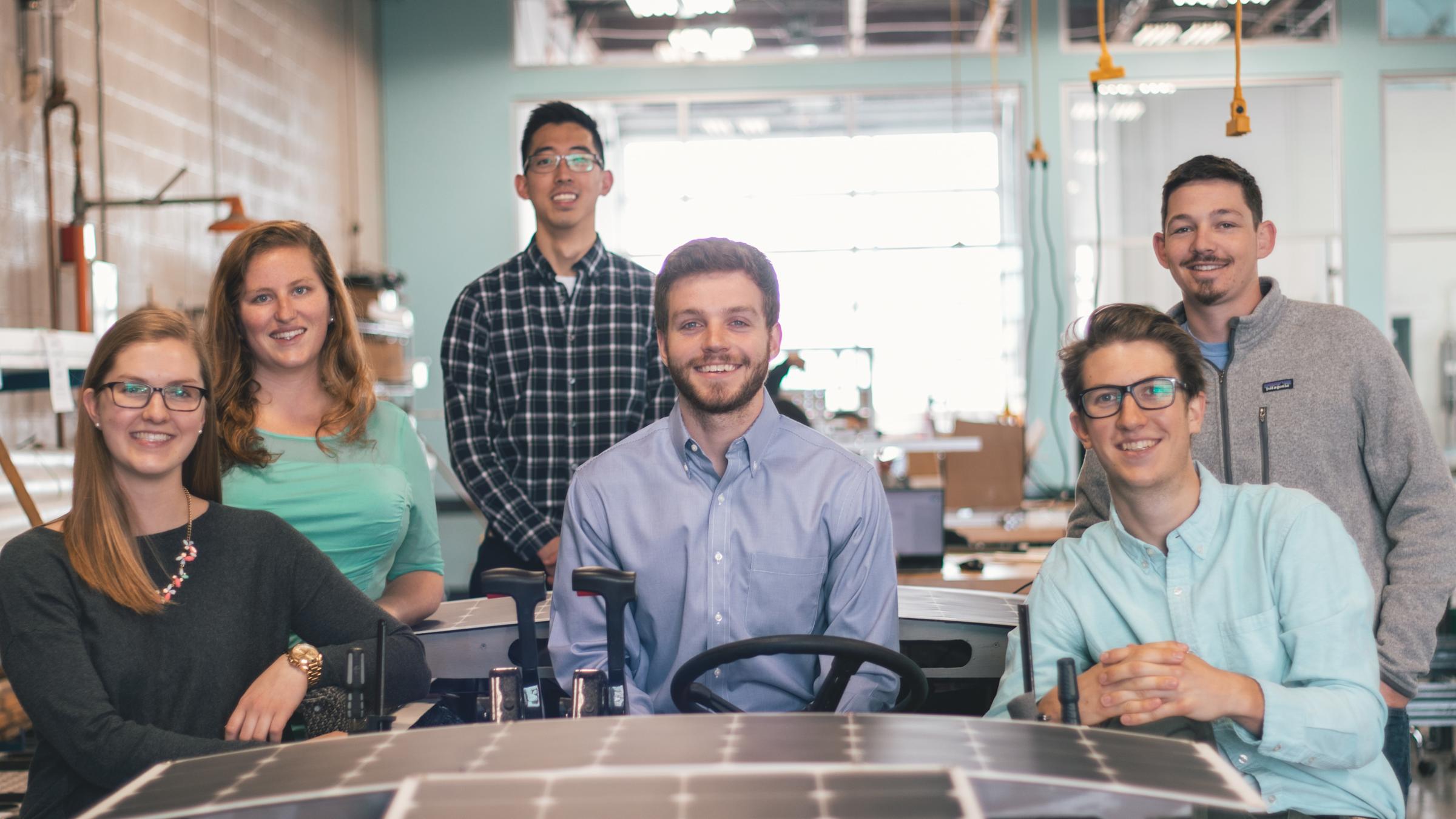 The 2018 Solar Splash team. From left: Sara Poor, Ellysa Lamperti, James Lassi, Jason Pastuzyn, Nick Hohurst, Andrew Hanke