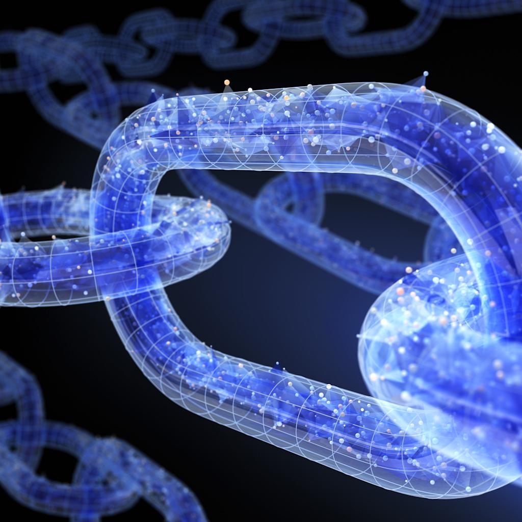 A 3D render of glowing blue blockchain links with overlays and luminous nodes, representing distributed ledger technology and cryptographic connections on a dark background. The chain segments show networked data points symbolizing DeFI infrastructure.